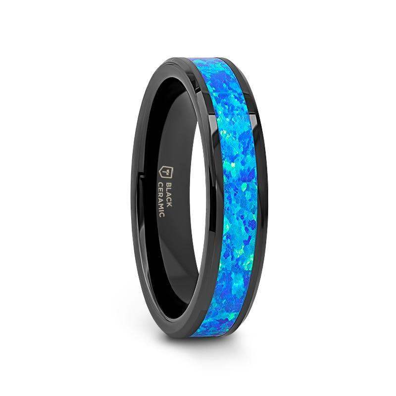 QUANTUM Black Ceramic Ring with Blue Green Opal Inlay - 4mm - 10mm - Image 4