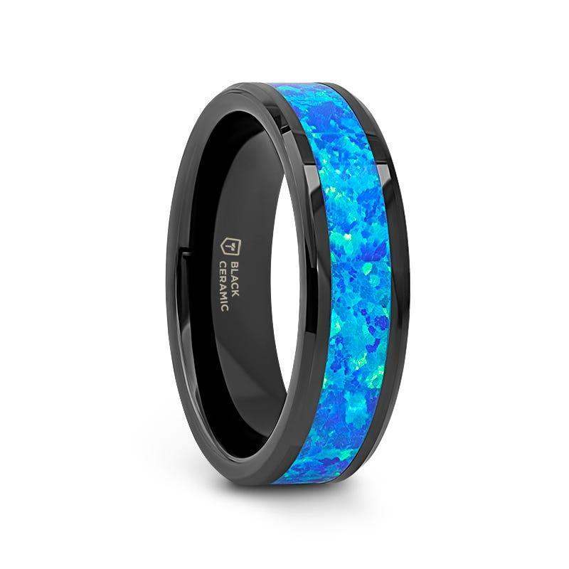 QUANTUM Black Ceramic Ring with Blue Green Opal Inlay - 4mm - 10mm - Image 5