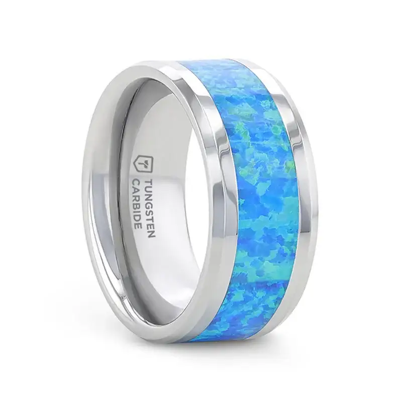 QUASAR Tungsten Wedding Band with Blue Green Opal Inlay - 4mm - 10mm - Image 10