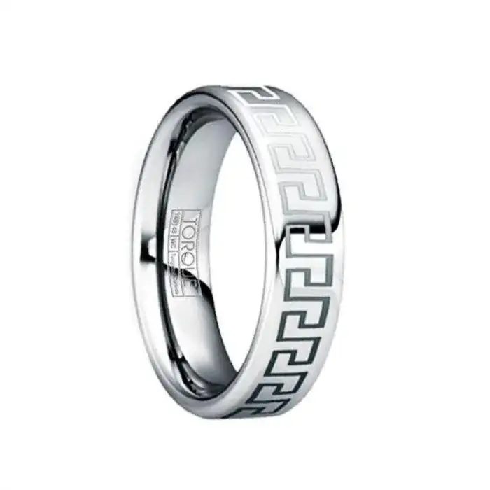 QUINTILIANUS Engraved Greek Key Tungsten Ring with Polished Finish - 6mm