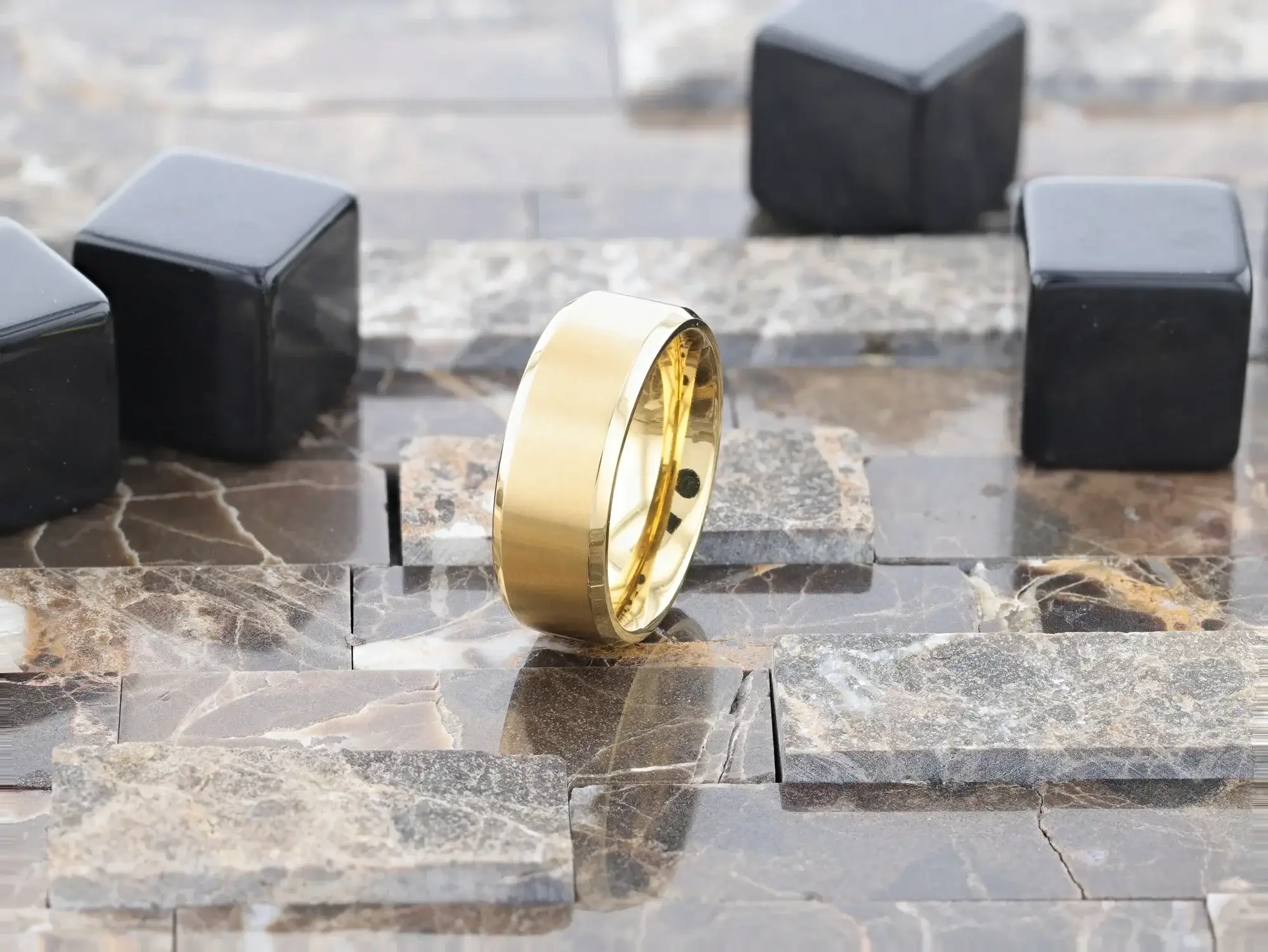 RADIATE Gold-Plated Titanium Flat Brushed Center Men's Wedding Ring With Beveled Polished Edges - 8mm - Image 9