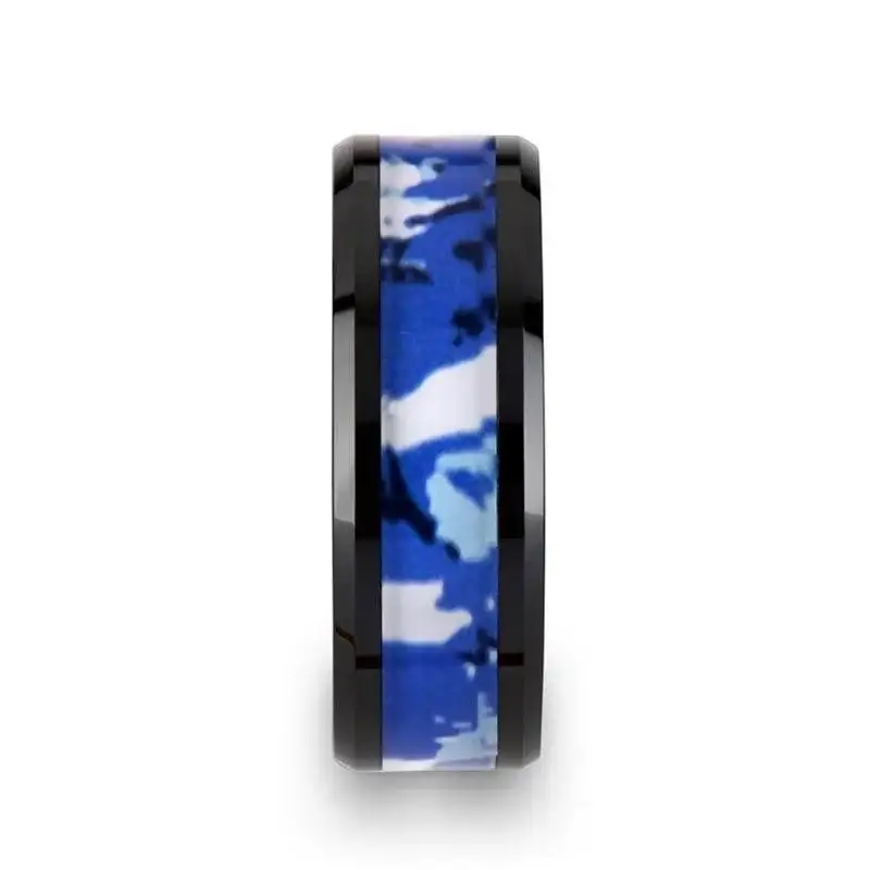RECOIL Black Ceramic Ring with Blue and White Camouflage Inlay - 8mm - Image 2