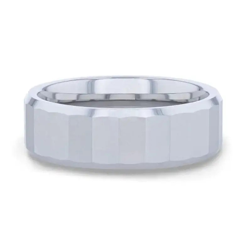 REFLECTOR Faceted Polished Center Tungsten Men's Wedding Band With Polished Beveled Edges - 8mm - Image 3
