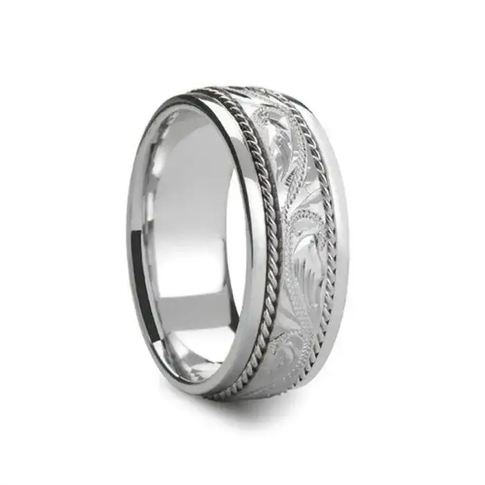 RHODE Novell Hand Engraved Center Silver Wedding Band - 8mm