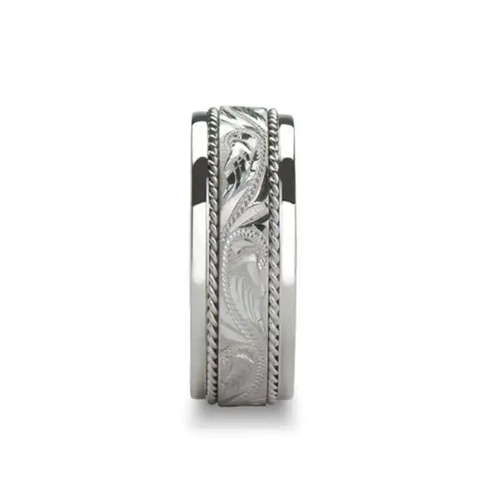 RHODE Novell Hand Engraved Center Silver Wedding Band - 8mm - Image 2