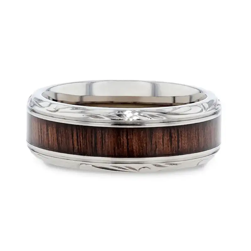 ROSENTRA Rosewood Inlay with Intricate Beveled Edges Titanium Polished Wedding Ring - 8mm - Image 3