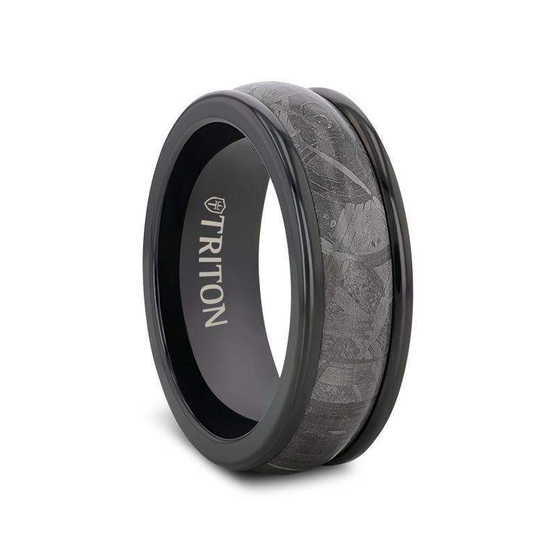 DOUGIE Round Edge Meteorite Insert Black Tungsten Wedding Band - 8mm