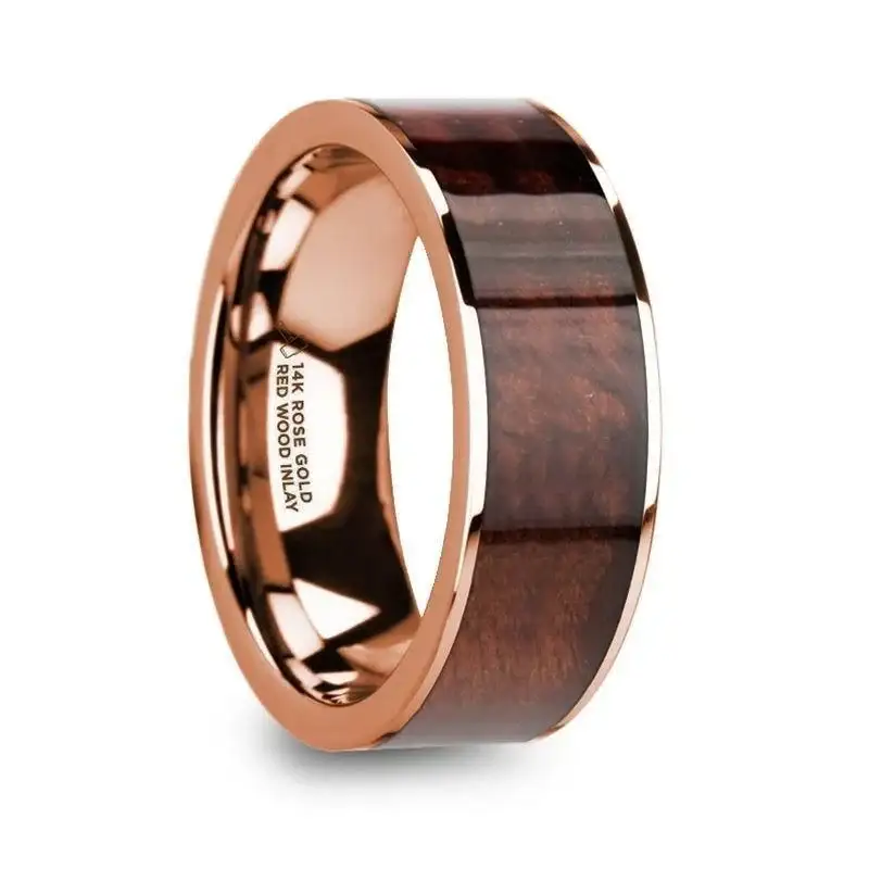 ROUVIN Polished 14k Rose Gold Men’s Wedding Band with Redwood Inlay - 8mm