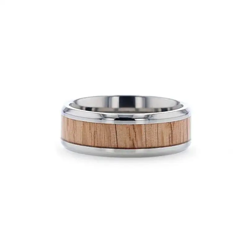 RUBRA Red Oak Wood Inlaid Titanium Ring with Bevels - 8mm - Image 3