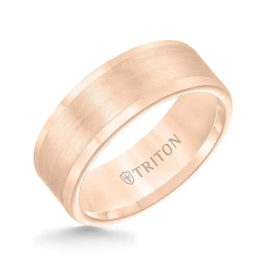 RUGOSA 8mm Tungsten Carbide Wedding Band – Satin Flat Center, Bright-Polish Round Edges, Rose Gold Plated by Triton Rings