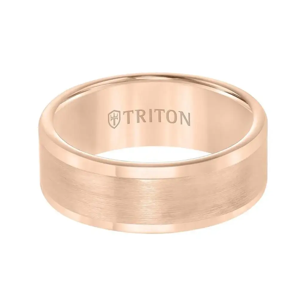 RUGOSA 8mm Tungsten Carbide Wedding Band – Satin Flat Center, Bright-Polish Round Edges, Rose Gold Plated by Triton Rings - Image 2