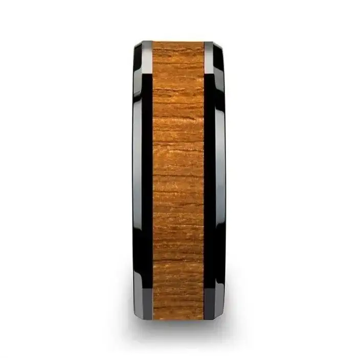 SAGON Black Ceramic Ring with Polished Bevels and Teak Wood Inlay - 6mm - 10mm - Image 2