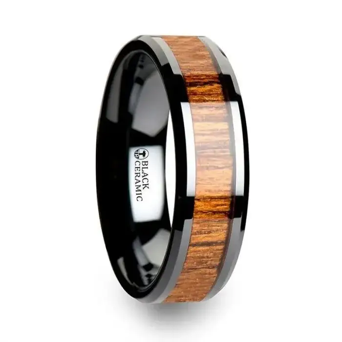 SAGON Black Ceramic Ring with Polished Bevels and Teak Wood Inlay - 6mm - 10mm - Image 3
