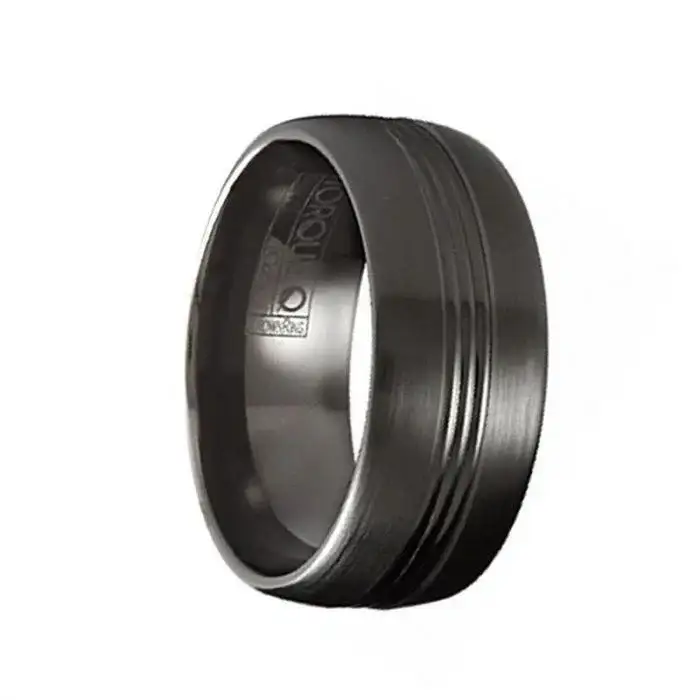 SAKAZAKI Torque Black Cobalt Wedding Band Brushed Finish with Grooved Center Accents Flat Edges - 9 mm