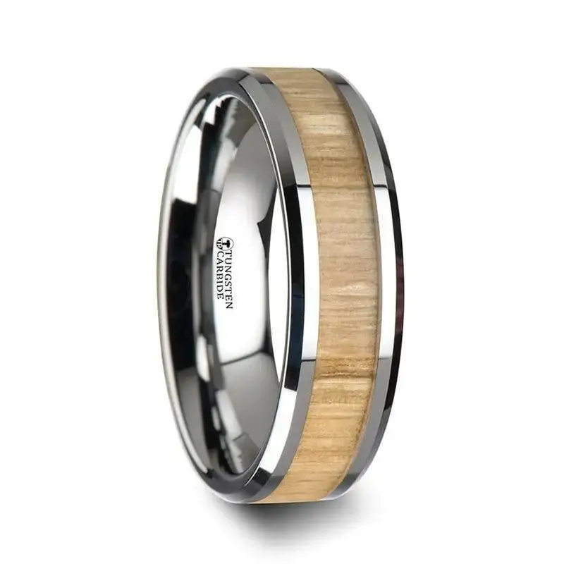 SAMARA Tungsten Ring with Polished Bevels and Real Wood Ash Wood Inlay - 6mm - 10mm - Image 3
