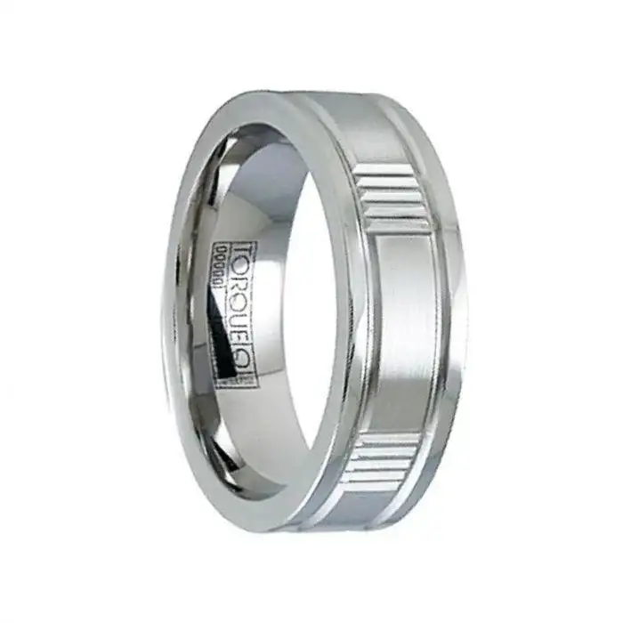 Satin Grooved Cobalt Wedding Ring with Polished Beveled Edges - 7mm