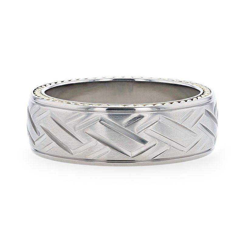 SATURN Woven Pattern Domed Titanium Men's Wedding Ring With Yellow Gold Braided Edges - 8mm - Image 3