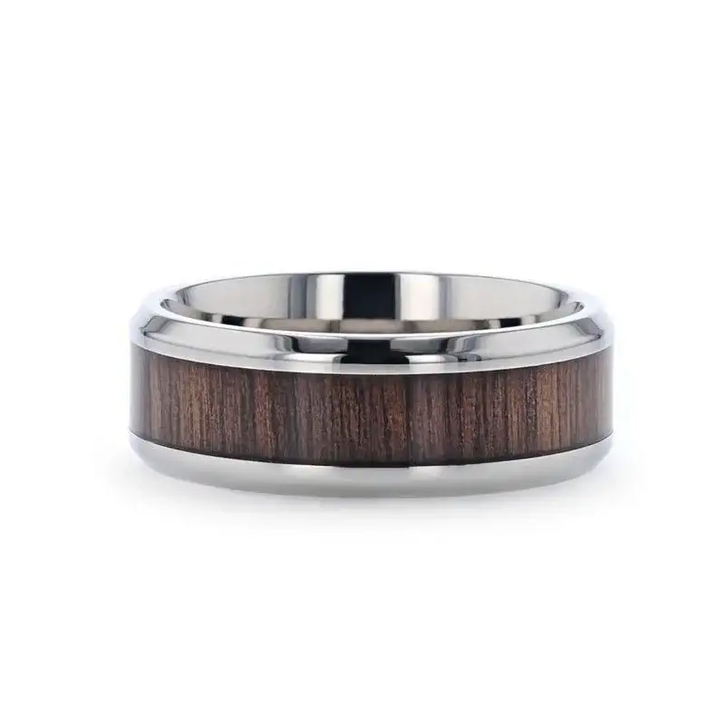 SCOTIA Beveled Titanium Ring with Black Walnut Wood Inlay - 8mm - Image 3