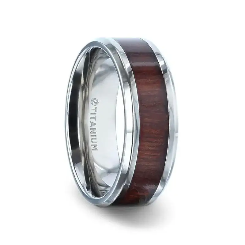 SEQUOIA Redwood Inlaid Titanium Flat Polished Finish Men's Wedding Ring With Beveled Edges - 8mm