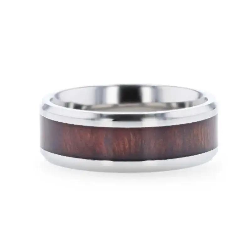 SEQUOIA Redwood Inlaid Titanium Flat Polished Finish Men's Wedding Ring With Beveled Edges - 8mm - Image 3