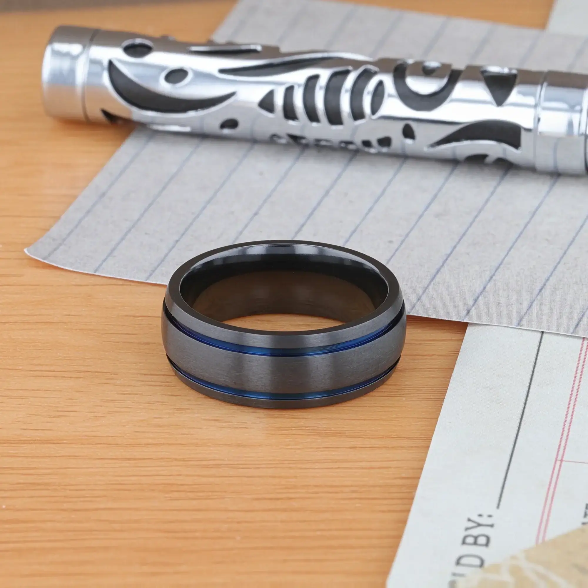 SHERIFF Domed Black Titanium Brushed Finish Men’s Wedding Ring with Blue Grooves – 8mm - Image 5