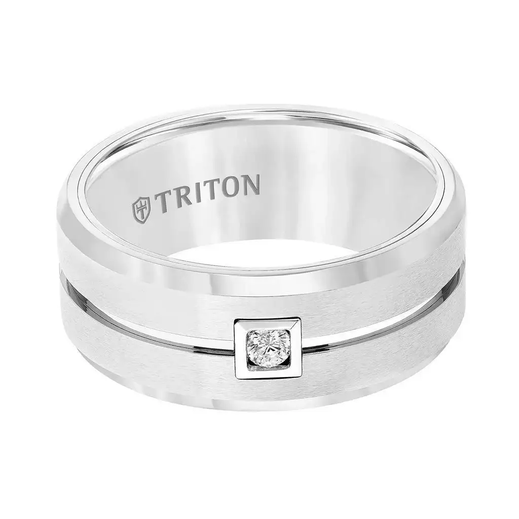 SHERWIN Center Grooved Brushed Finish White Tungsten Carbide Ring with Bevels and Round Diamond Set in a Square Bezel by Triton Rings - 9mm - Image 3