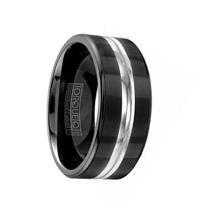 SHULK Torque Black Cobalt Wedding Band Brushed Finish Center Accent Polished Edges - 9 mm