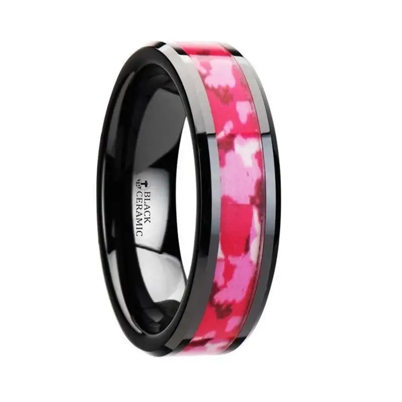 SIERRA Black Ceramic Ring with Pink and White Camouflage Inlay - 6mm & 8mm - Image 3