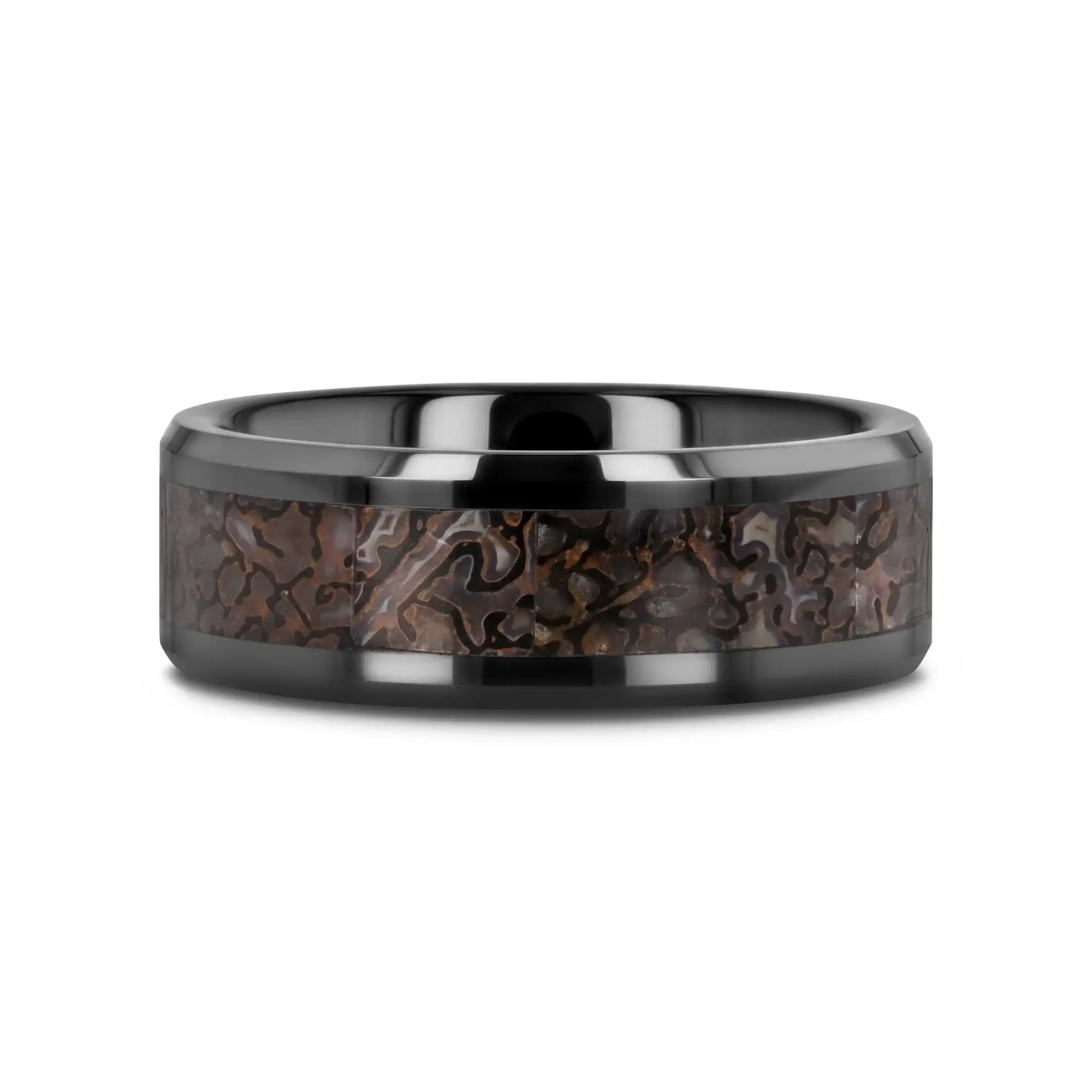 SILURIAN Dinosaur Bone Inlaid Black Ceramic Beveled Edged Ring - 4mm or 8mm - Image 3