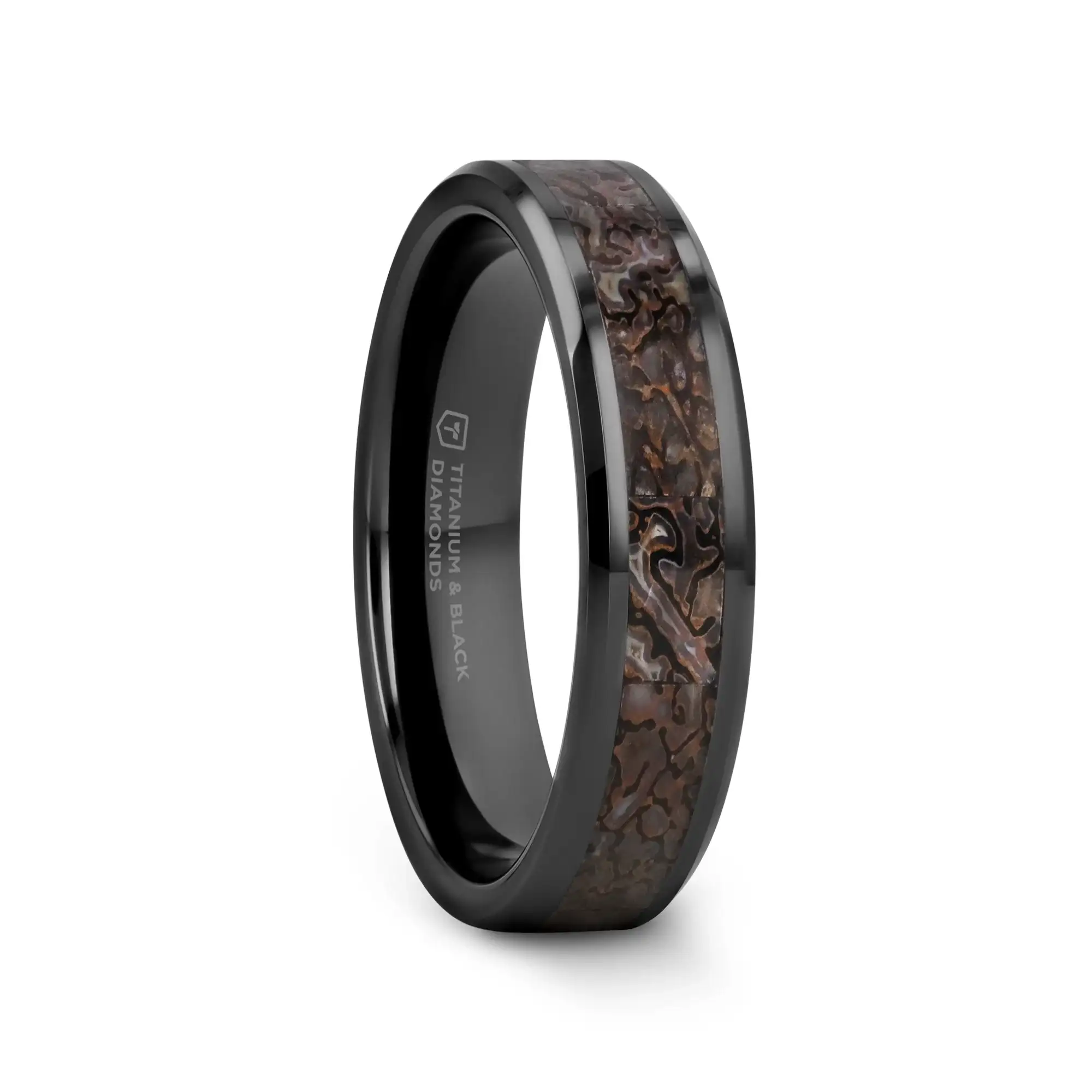 SILURIAN Dinosaur Bone Inlaid Black Ceramic Beveled Edged Ring - 4mm or 8mm - Image 5