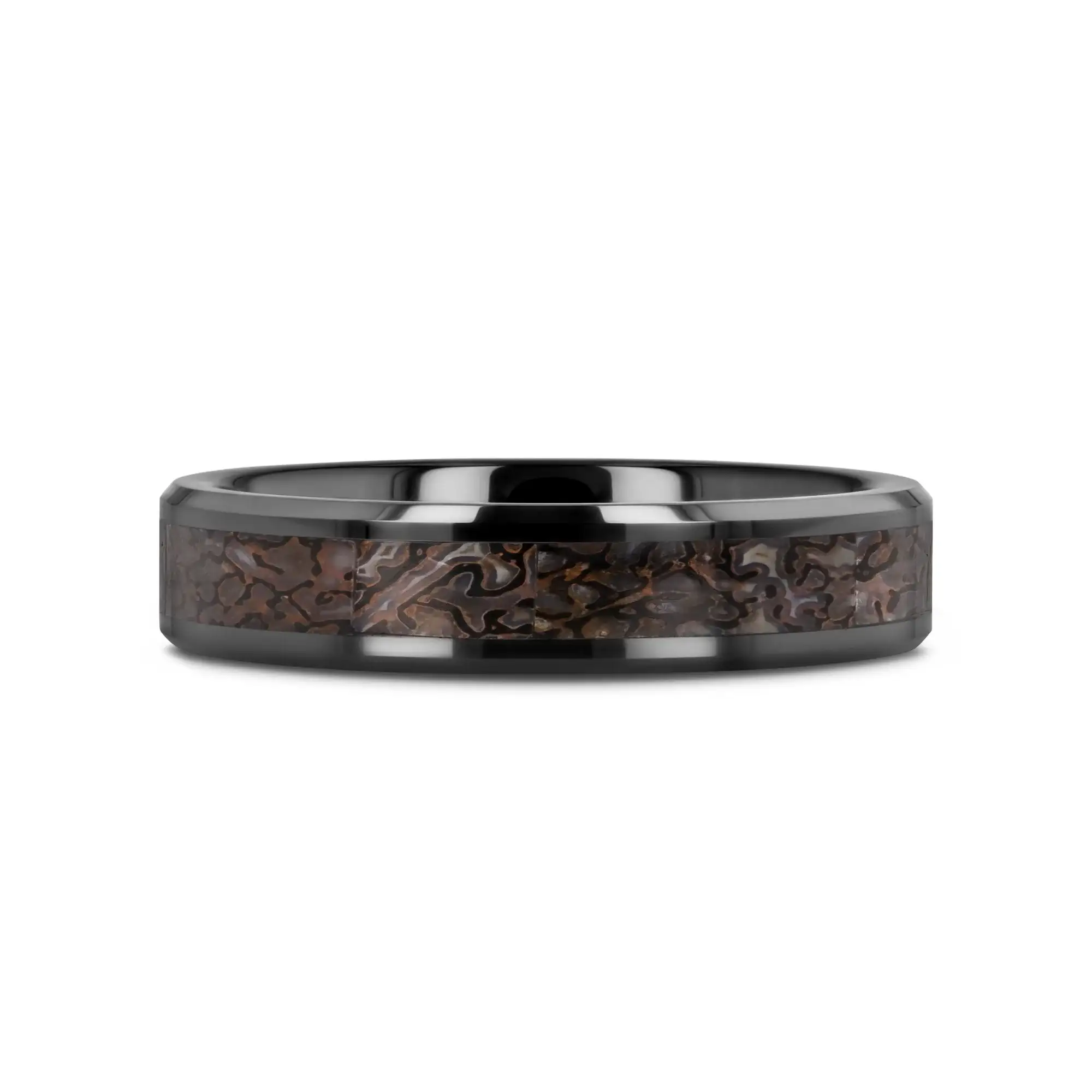 SILURIAN Dinosaur Bone Inlaid Black Ceramic Beveled Edged Ring - 4mm or 8mm - Image 7