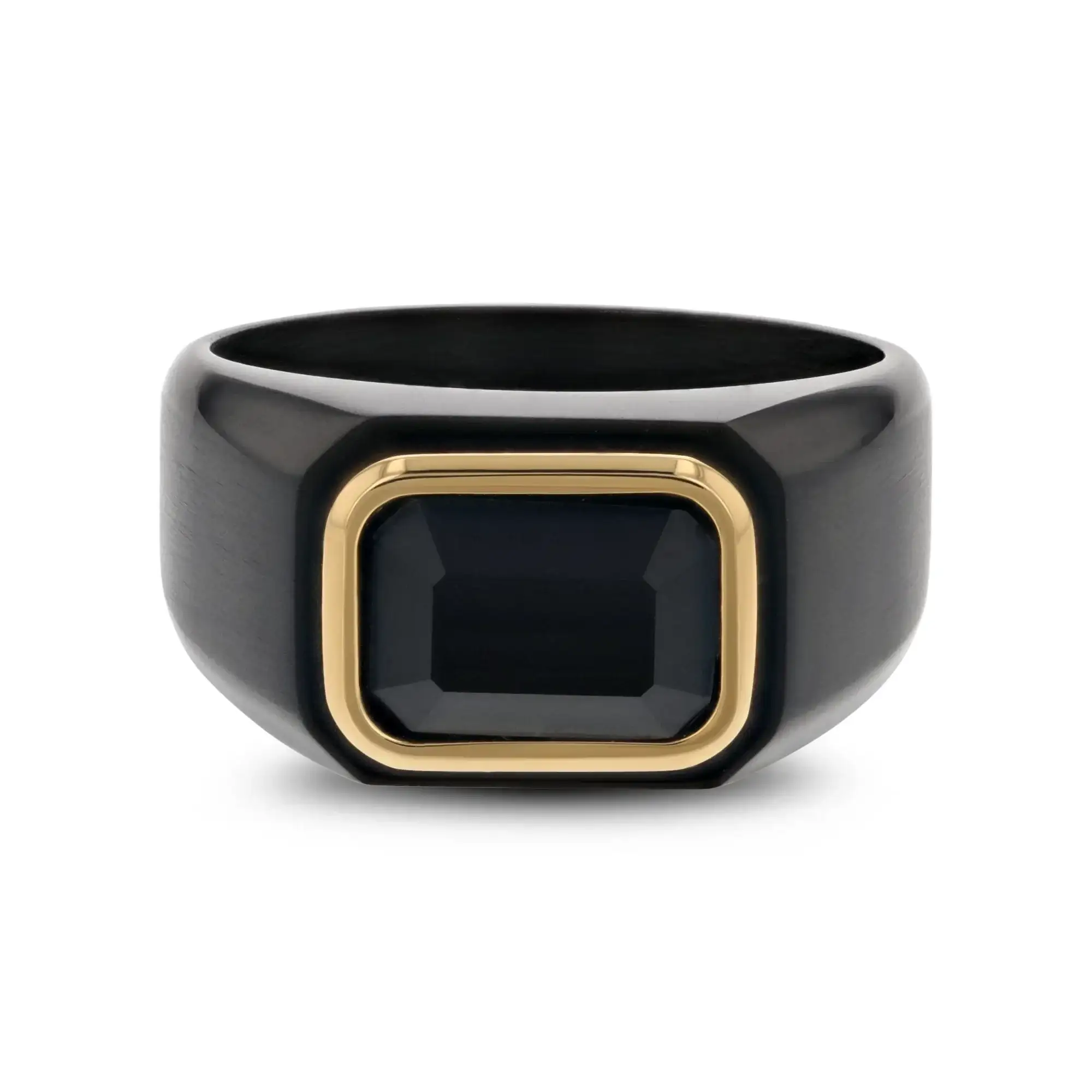 SPARRO Black Titanium Signet Ring with Black Onyx Inlay and Gold-Plated Outline - Image 3