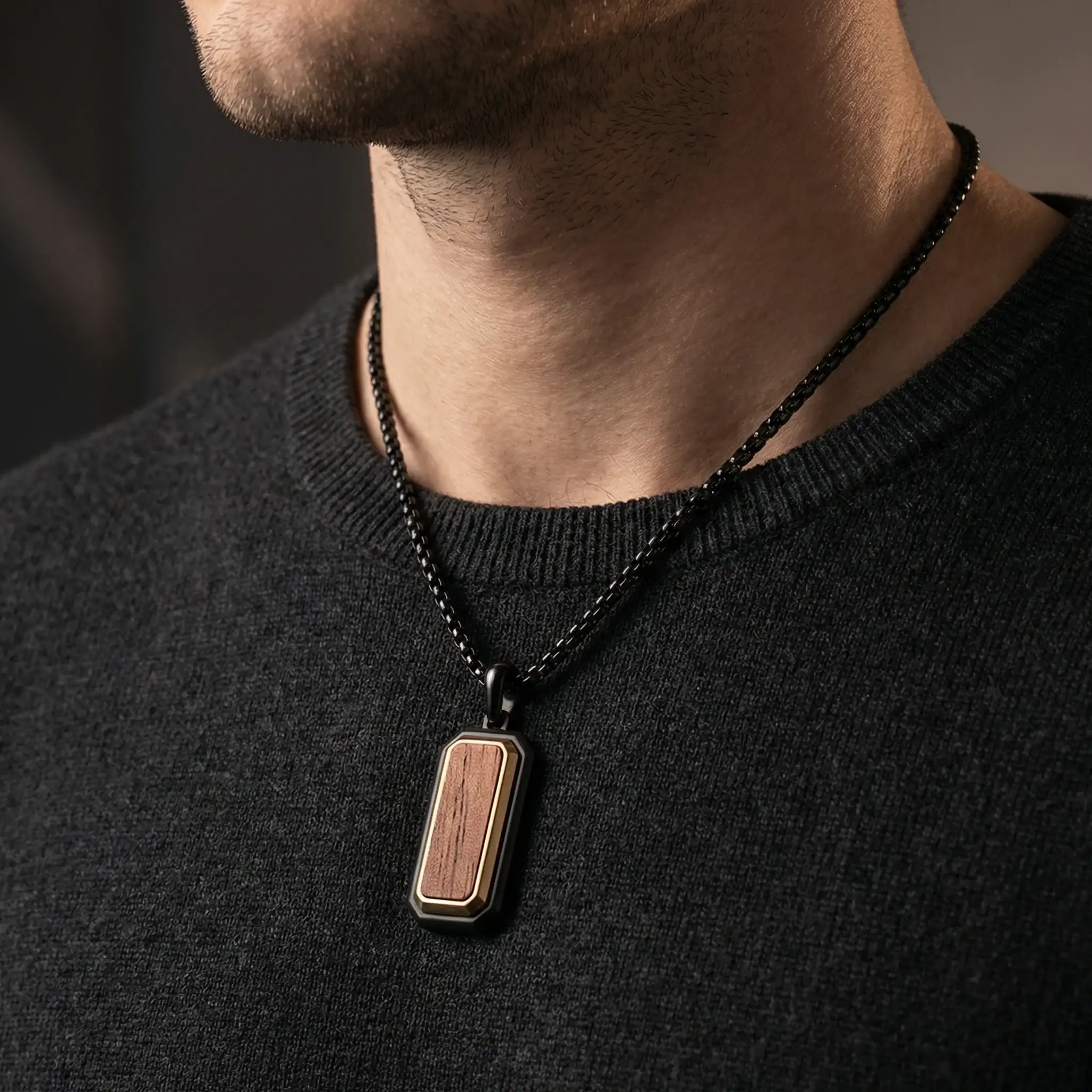 Black Stainless Steel Pendant with Bubinga Wood Inlay and 22-inch Matching Chain - Image 4