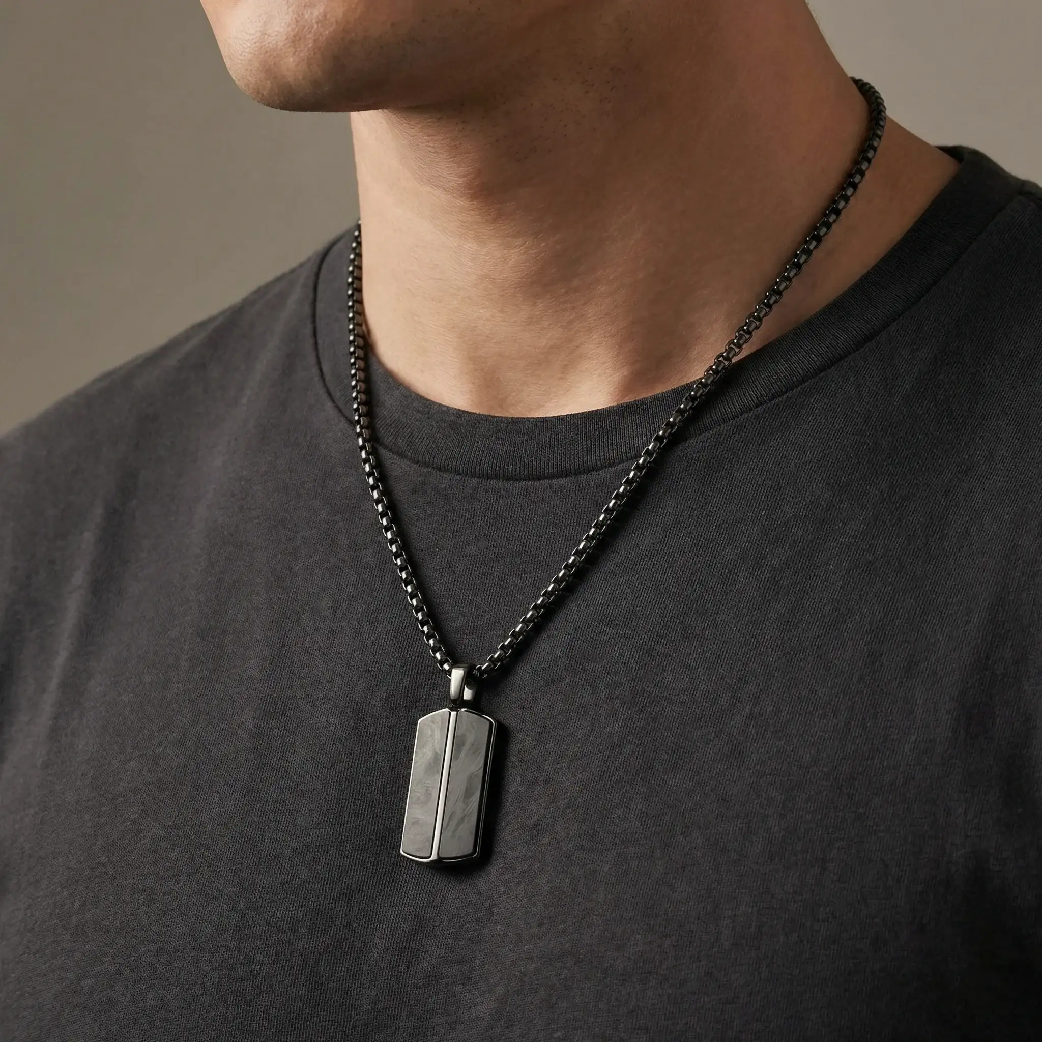 Black Stainless Steel Pendant with Carbon Fiber Inlays and 22-Inch Chain - Image 2