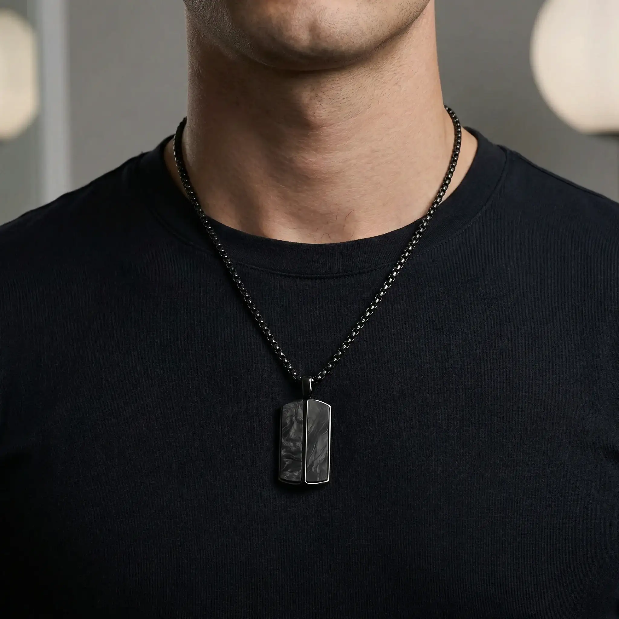 Black Stainless Steel Pendant with Carbon Fiber Inlays and 22-Inch Chain - Image 5