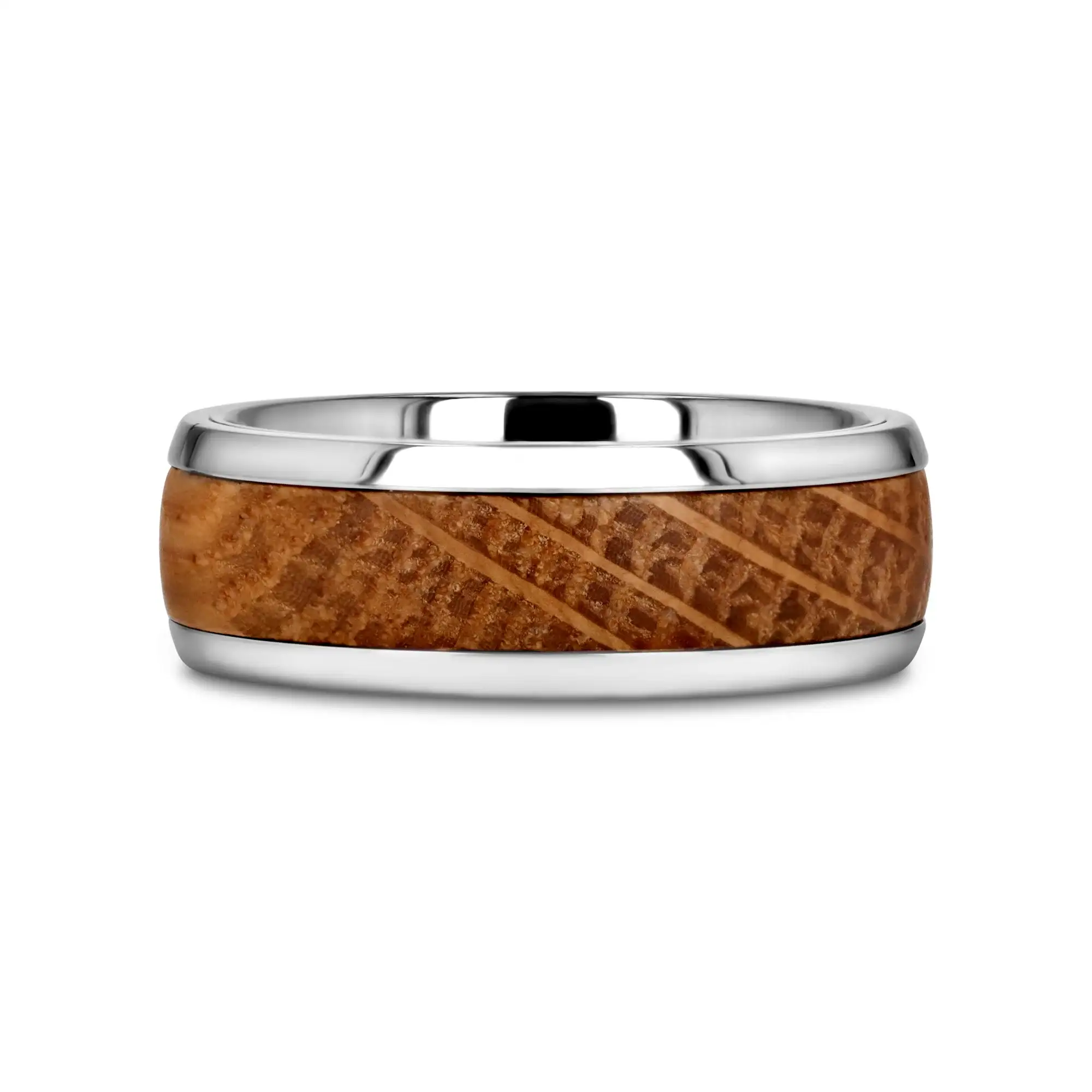 STAVE Whiskey Barrel Inlaid Titanium Men's Wedding Band With Domed Polished Edges Made From Genuine Whiskey Barrels - 8mm - Image 3