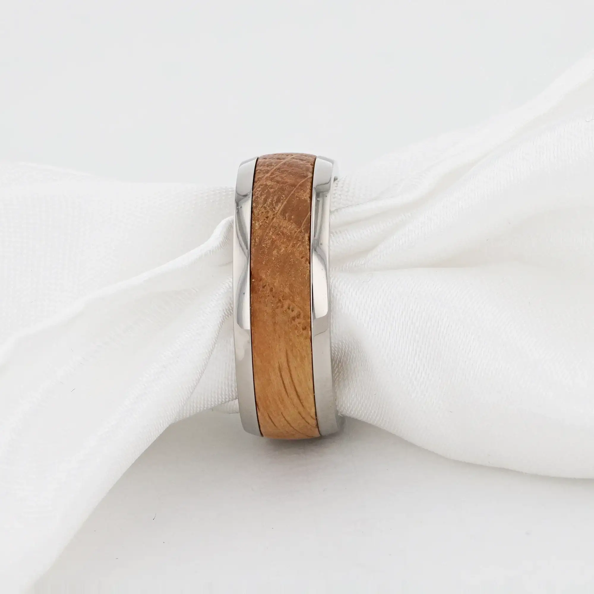 STAVE Whiskey Barrel Inlaid Titanium Men's Wedding Band With Domed Polished Edges Made From Genuine Whiskey Barrels - 8mm - Image 6