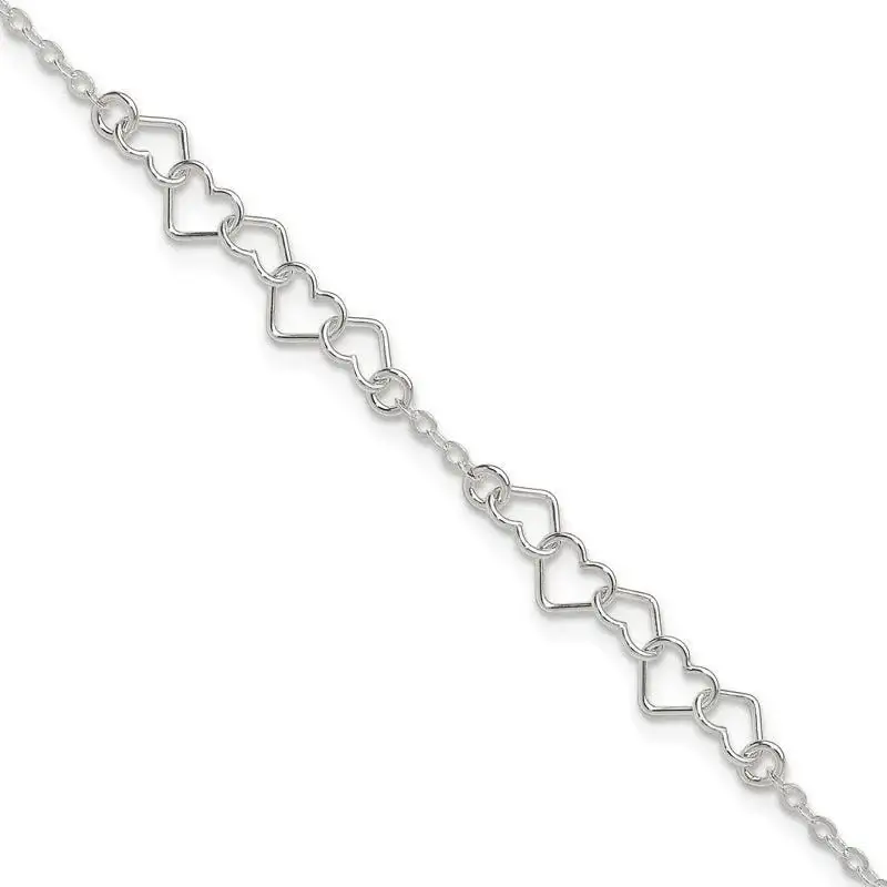 Sterling Silver 10inch Polished Fancy Heart Link Anklet