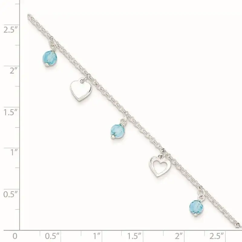 Sterling Silver 9 inch Heart and Blue Glass Plus1in ext. Anklet - Image 2