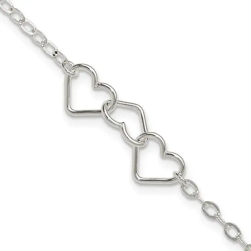 Sterling Silver 9inch Solid Polished Fancy Heart Link Anklet