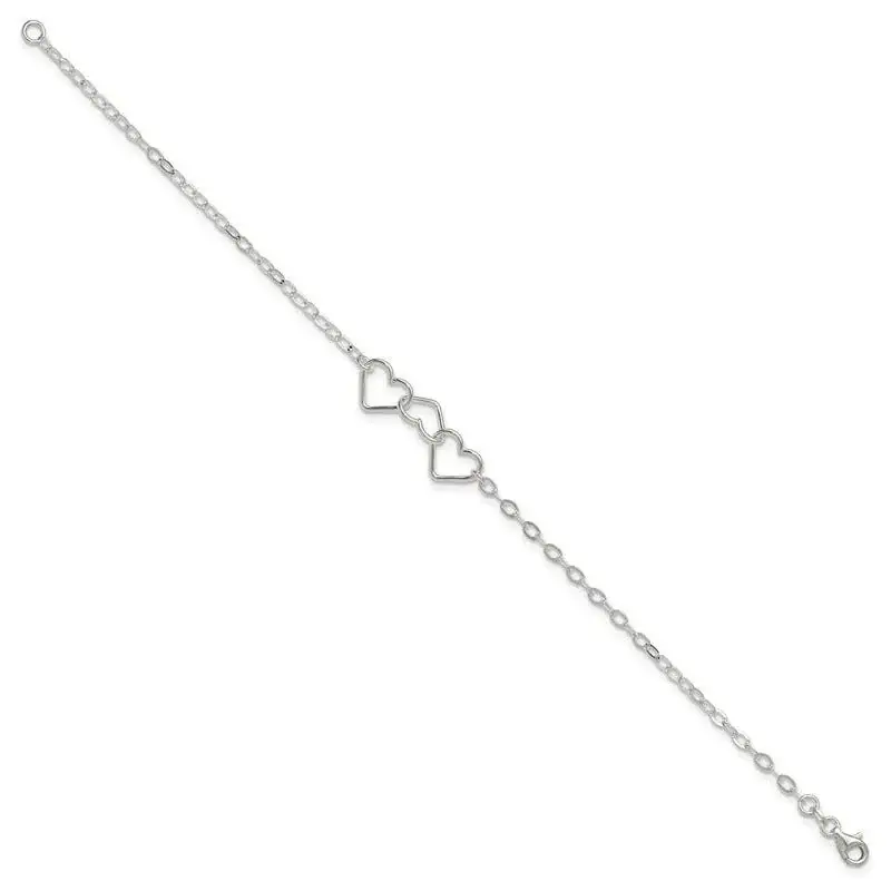 Sterling Silver 9inch Solid Polished Fancy Heart Link Anklet - Image 2