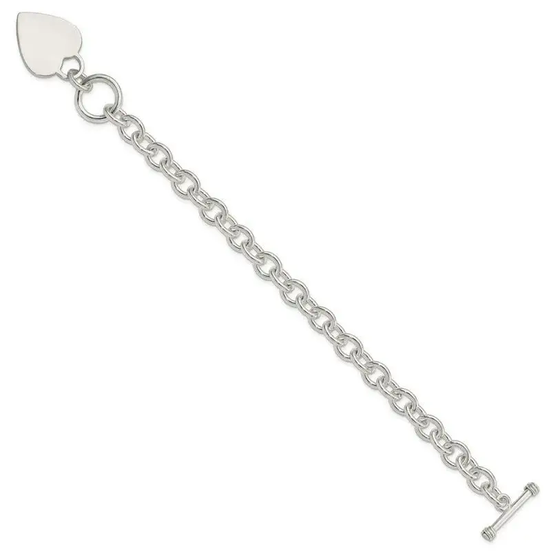 Sterling Silver Engraveable Heart Disc on Fancy Link Toggle Bracelet - Image 2
