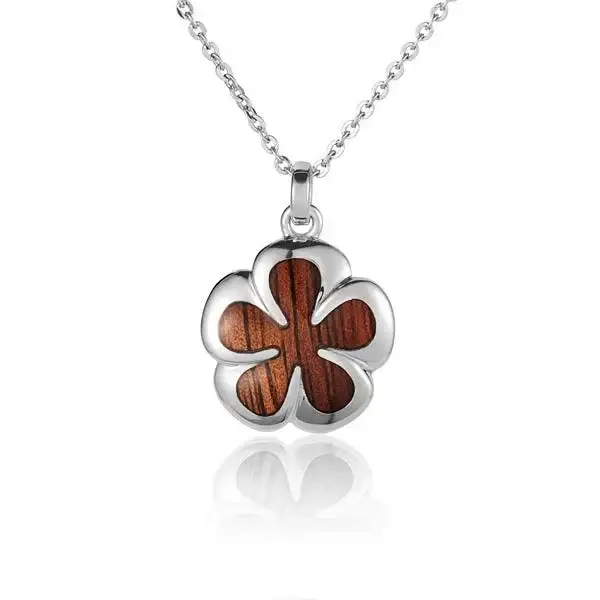 Sterling Silver Koa Wood Round Plumeria Flower Pendant 18" Necklace
