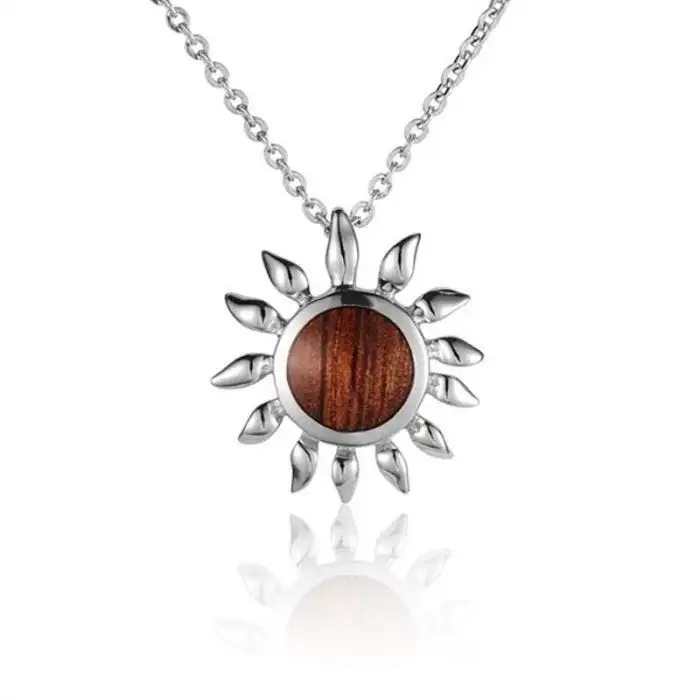 Sterling Silver Koa Wood Sunflower Pendant18" Necklace