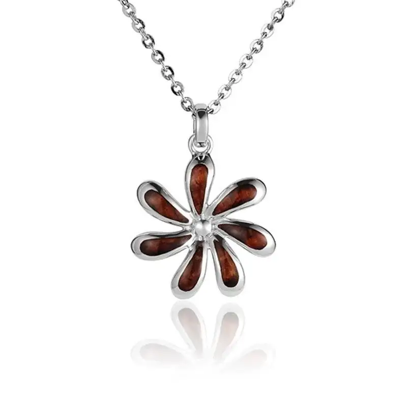 Sterling Silver Koa Wood Tiare Flower Pendant18" Necklace