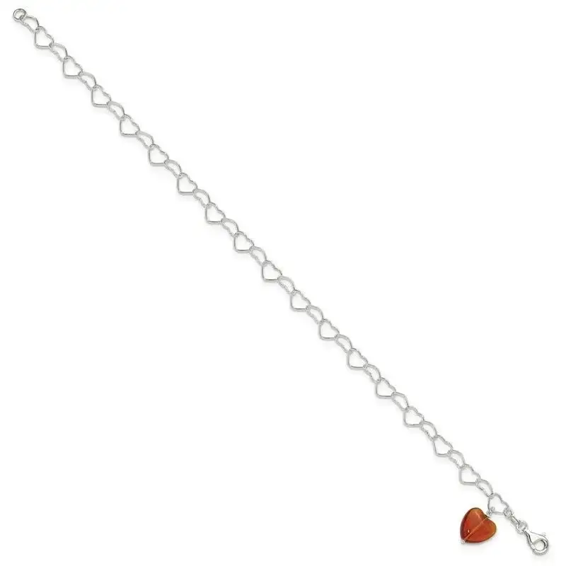 Sterling Silver Link Orange Synthetic Crystal Stone Heart Anklet - Image 2