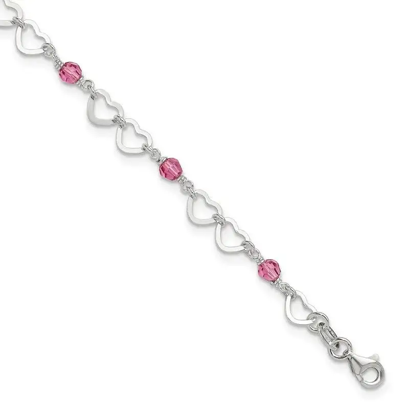 Sterling Silver Pink Beads and Polished Hearts 9 inch Anklet with 1inch extension