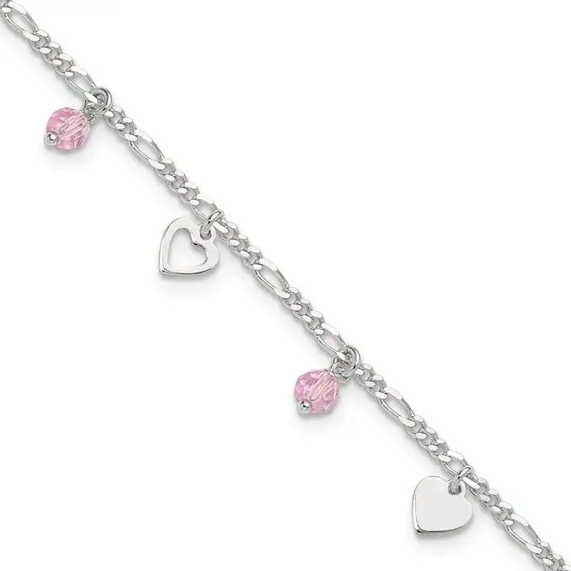 Sterling Silver Pink Glass Beads and Polished Hearts 9 inch Anklet with 1 inch extension
