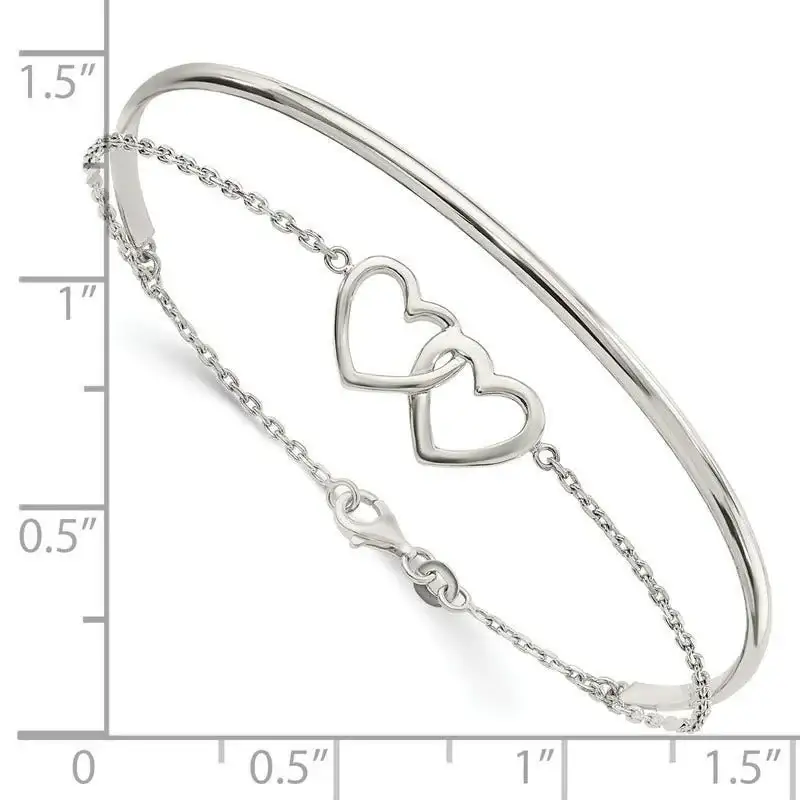 Sterling Silver Polished Double Heart and Bangle - Image 2