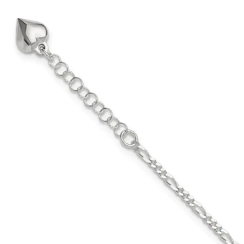 Sterling Silver Polished Heart 9in Plus 1in Ext. Anklet